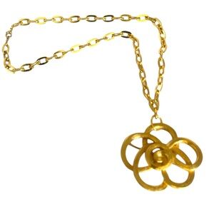 OOAK Bold Vintage Gold Flower Pendant Brooch Necklace w/ Thick Gold Filled Chain